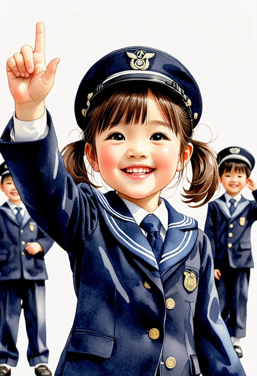 Hand-drawn watercolor illustration, Japanese elementary school students, Navy blue sailor suit,6 years old,smile,Salute, cute, cute, Simple, Pencil line drawing