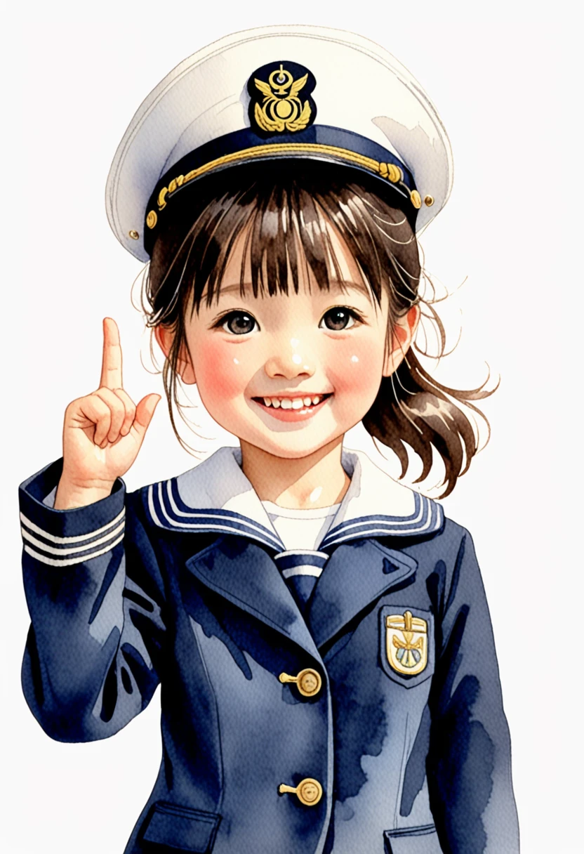 Hand-drawn watercolor illustration, Japanese , Navy blue sailor suit,6 years old,smile,Salute, cu Simple, Pencil line drawing