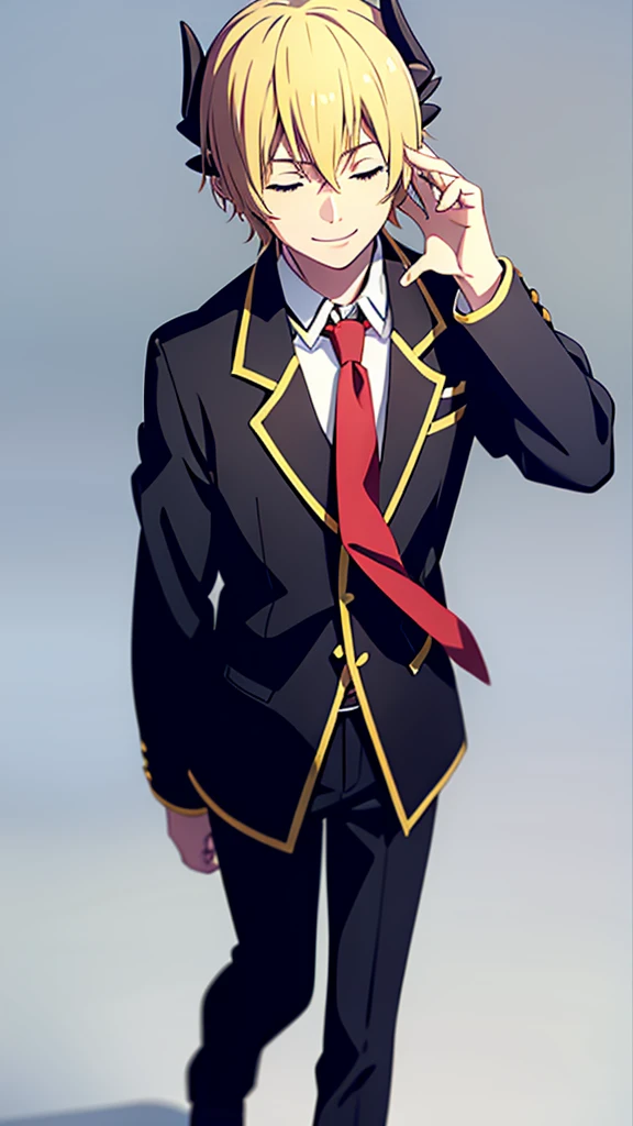 1boy,18s,short hair,blonde hair,smile,closed eyes.(no background, simple background),red necktie,black jacket, blazer,long sleeves,pants,upper body,walking,horns