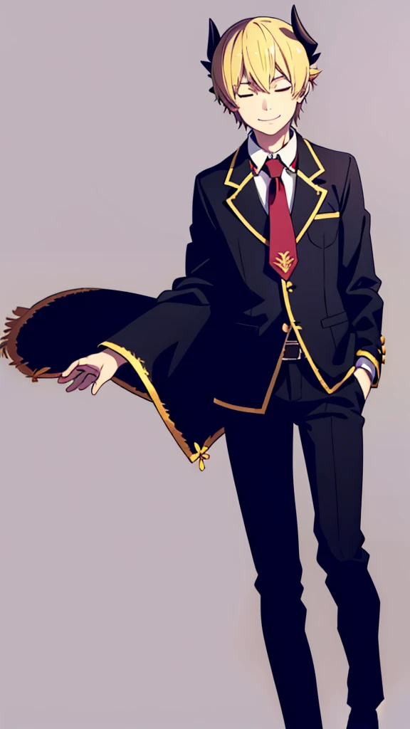 1boy,18s,short hair,blonde hair,smile,closed eyes.(no background, simple background),red necktie,black jacket, blazer,long sleeves,pants,upper body,walking,horns