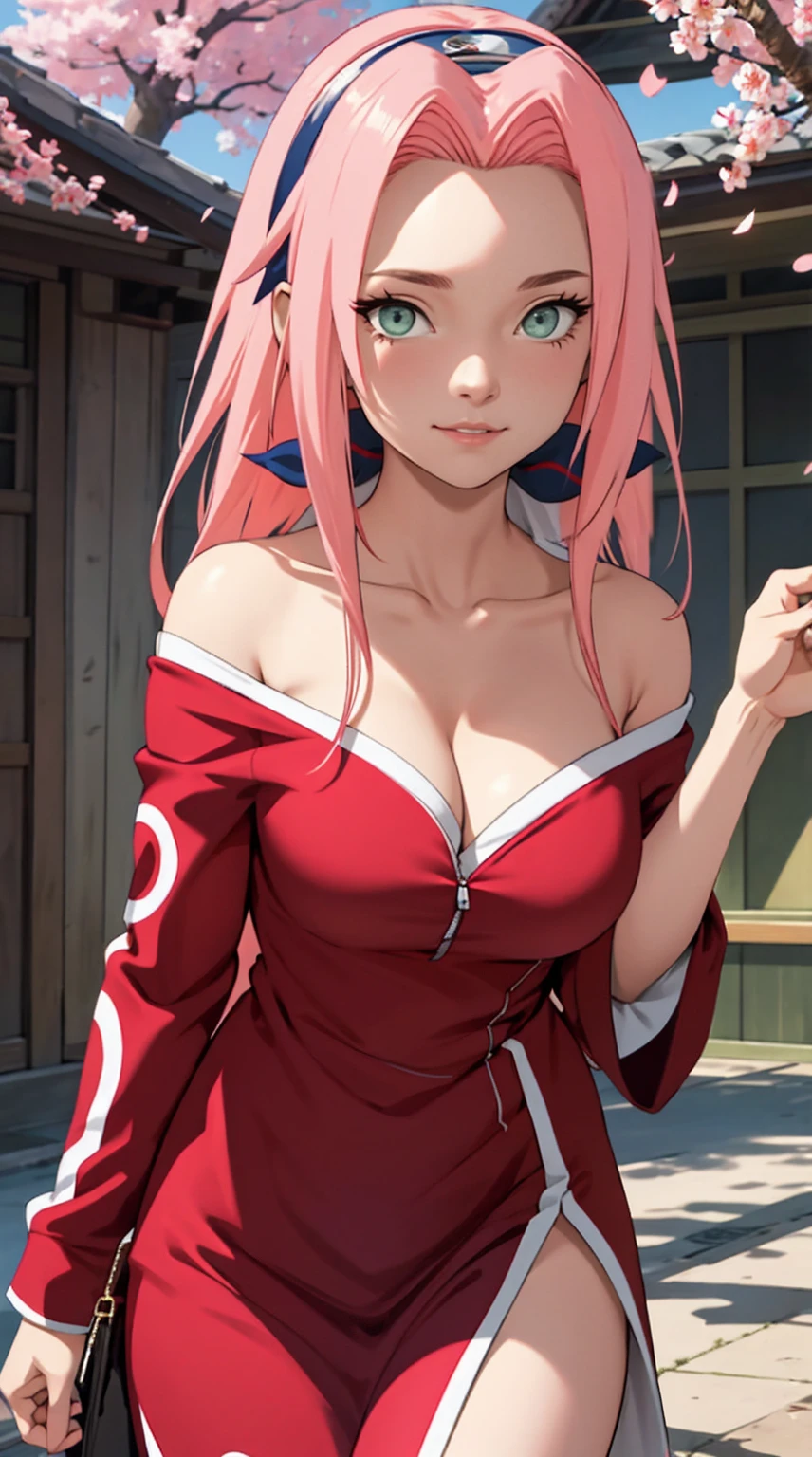 tmasterpiece, Best quality at best, 1girll, Sakura Haruno, Large breasts,Off-the-shoulder attire,(cleavage),(upperbody closeup),Raised sexy,is shy,ssmile,with pink hair, long whitr hair, (Green eyeballs:1.4), Forehead protection, the cherry trees,Cherry blossoms flying,Red clothes,Zipper half, very deep cleavage, revealing clothes,