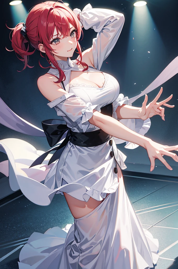 
Highest quality, shape, Very detailed, In detail, High resolution, 8k wallpaper, Perfect dynamic composition, Beautiful details, Center of chest, Natural color lip, Random sexy poses,smile,20-year-old girl,Huge , A red-haired woman with short bob hair wearing a pink dress and a white apron