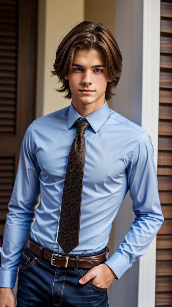 19 year old male wearing tie and lomg sleveed button up with belt and tucked in
4K HIGH REZ 

Physical Description: Brown colored hair and skinny build. 5"5 and 150 LB. Blue eyes. 

.