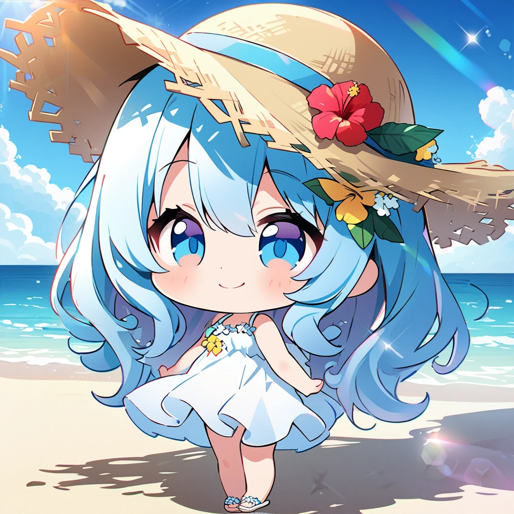 masterpiece, best quality, 4k、2D illustration、one beautiful girl、solo、(((chibi style)))、((vivid colors))、cute chibi、lovely chibi、((white summer dress))、((straw hat))、hibiscus hair ornament, ((colorful))、long beautiful hair, glossy blonde hair, hair between eyes, cute、beautifully detailed eyes、((happy smile))、summer beach、((full body shot))、((calm sea))、((blue sky))、sunbeam、((lens flare))、((high color saturation)), 