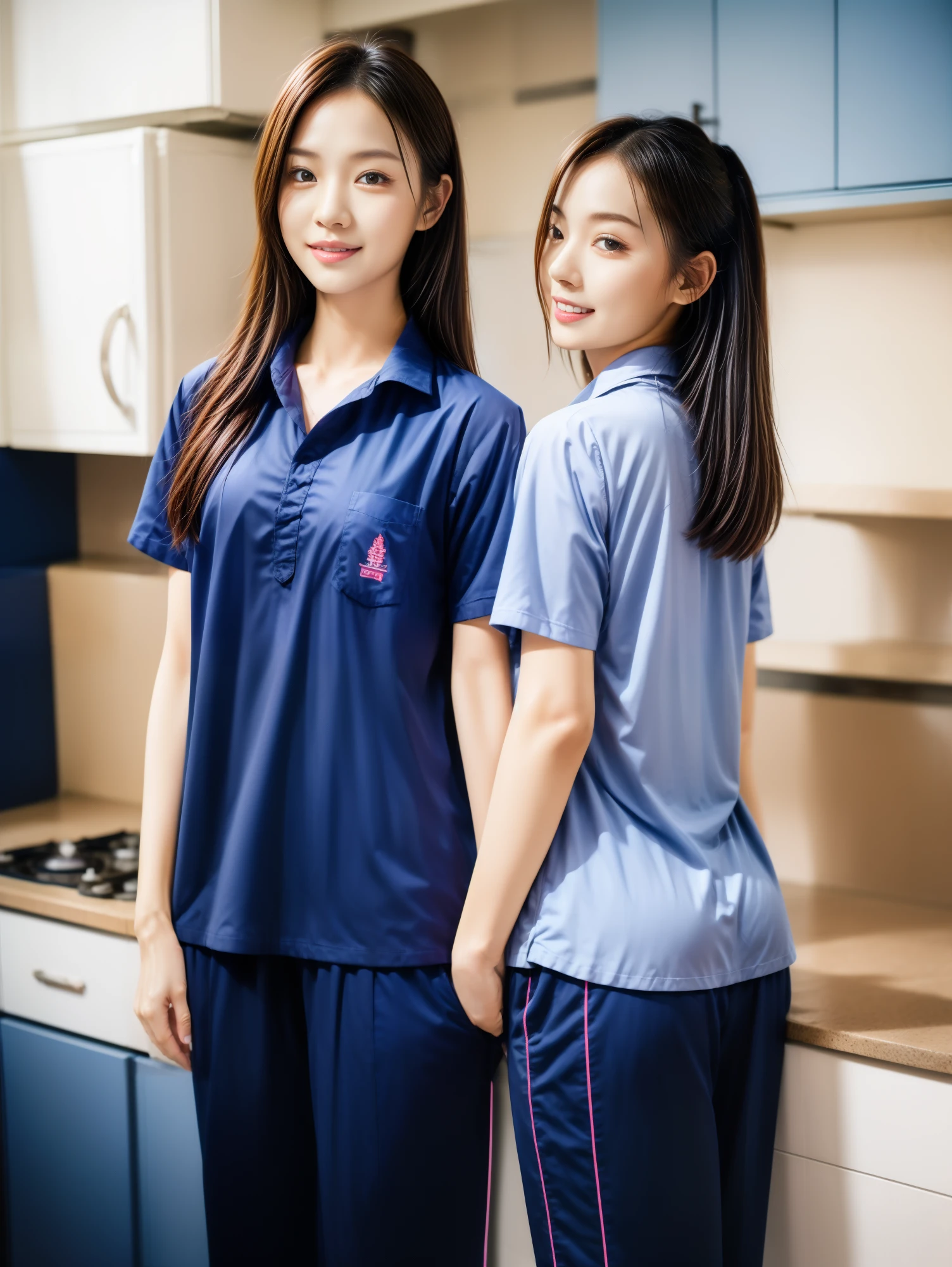 (best quality,10,10,height,Masterpiece:1.2),Special details,(realistic,ภาพrealistic,Realistic photos:1.37),1 Cute girl in the kitchen,shiny, ผิวshiny,only,smile softly,BDclothelue shirt:1.3)),short sleeve,shirt, กางเกงขาlong.,(navy_long_track pants:1.1), ((Kitchen Background)),Dynamic angle,excited,Face focus,dynamic poses,from behind,focus on ass,Masterpiece, best quality, ultra realistic, hyper detail, 8k resolution, raw photos, Sharp focus, ((Navy blue shirt:1.1)), short sleeve, เส้นทางlong, perfect body, 2 mature women, 18 years old, Cinema-grade lighting system,blue sweatpants,shirtผ้าออกกำลังกาย,correct anatomy,perfect body, correct body, Sharp face, correct bodyทางกายวิภาค, full body, realistic gestures, long-haired, realistic poses,Wear long shorts...........................,ช่วงขาlong,Good shape,carved girl, Slender figure, model, Good shape, beautiful body,blue sweatpants, two girls kissing