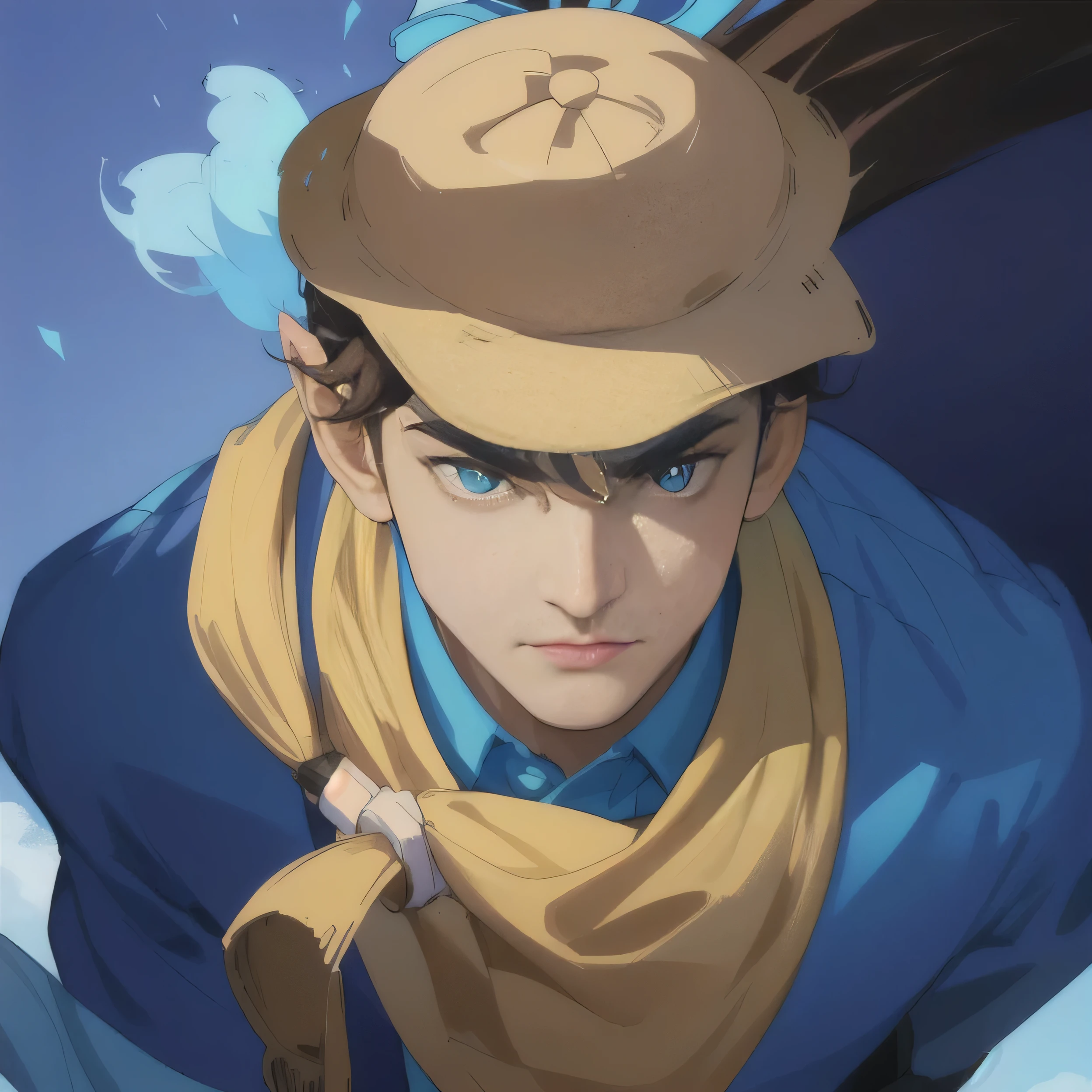 Cartoon image of man with hat,Wearing a brown hat,young people,There are two long bangs coming out of the hat,Wearing a blue vest,Wearing a wristband,Blue pupils,Normal male height,male