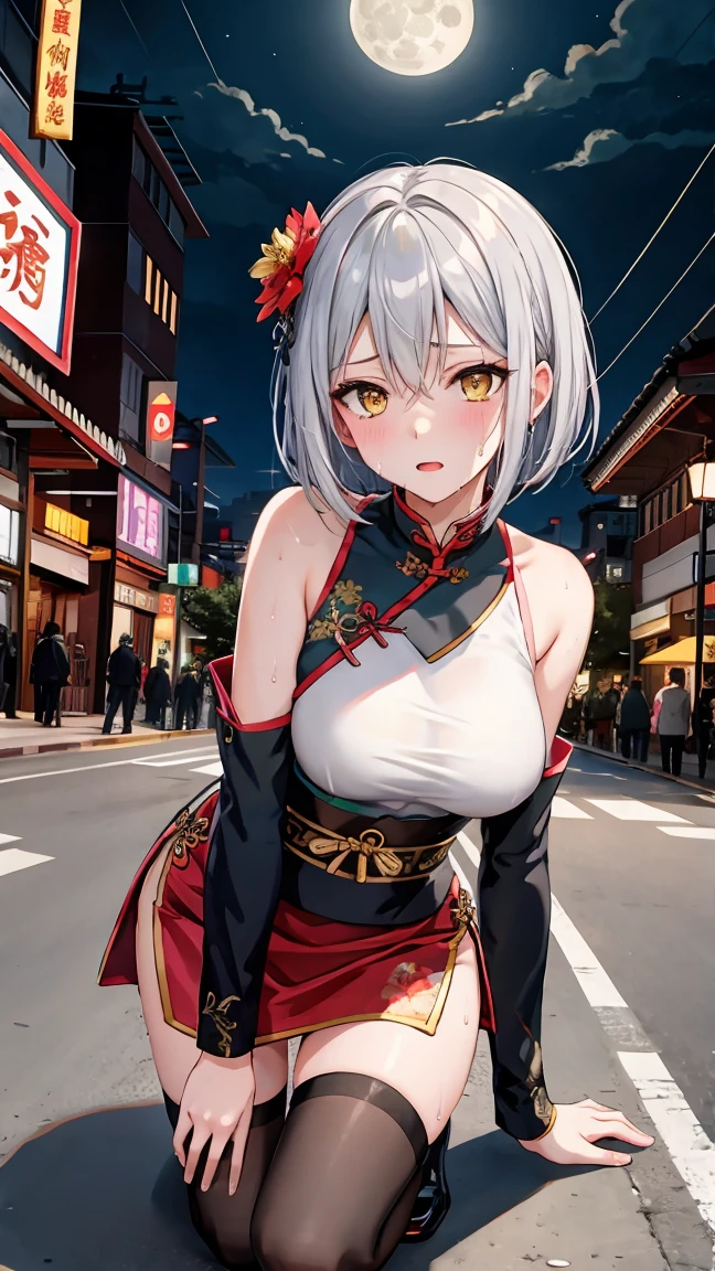 young girl 16 years old, short silver bob hair, hair flower, sharp bangs between the eyes, yellow  eyes, eyes large, provocative look, obscene expression, notable physical features, traditional chinese imperial clothes black with gold details, red skirt, black thigh high socks., half-sided angle, crouched in the street. japanese city, outdoor city, city at night, with full moon in the background, light reflecting on the sexy and sweaty body. (((sweat))) (work of art:1.2,) (best qualityer.)