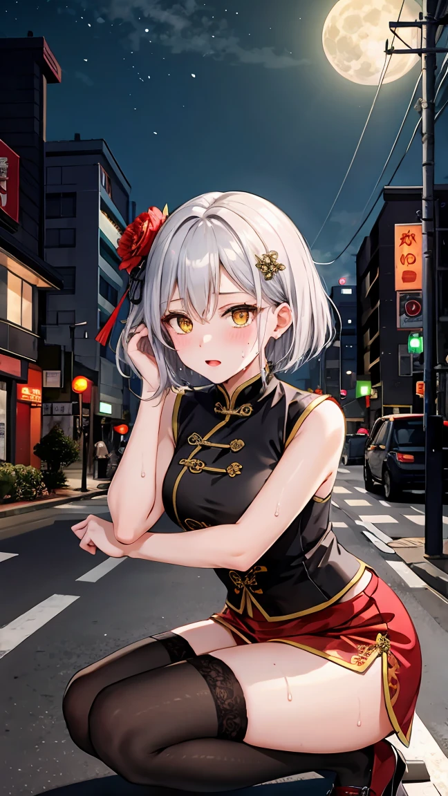 young girl 16 years old, short silver bob hair, hair flower, sharp bangs between the eyes, yellow  eyes, eyes large, provocative look, obscene expression, notable physical features, traditional chinese imperial clothes black with gold details, red skirt, black thigh high socks., half-sided angle, crouched in the street. japanese city, outdoor city, city at night, with full moon in the background, light reflecting on the sexy and sweaty body. (((sweat))) (work of art:1.2,) (best qualityer.)