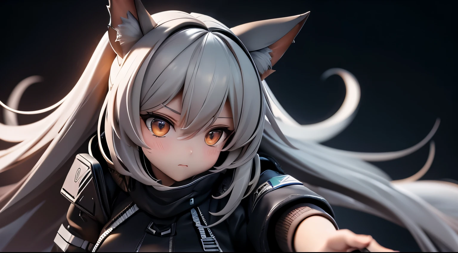 1girl, amiya \(arknights\), arknights, dirty face, outstretched hand, close-up, cinematic angle, foreshortening, dark, dark background, masterpiece, best quality