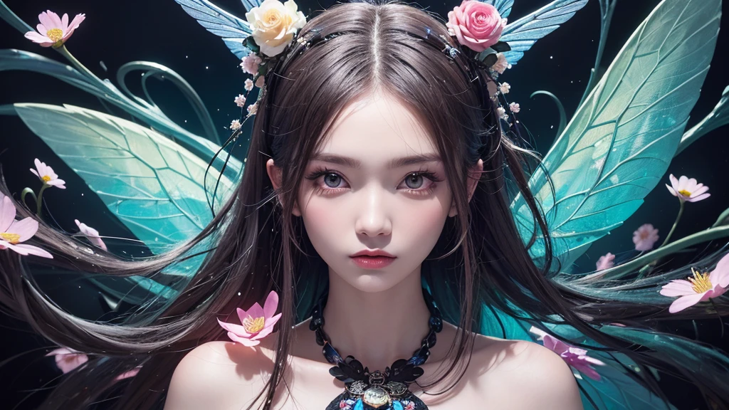 (masterpiece:1.1), (Highest quality:1.1), (High resolution:1.0), Zhou Haoguang, super high quality,( Highly detailed original illustration), (One girl, Upper Body), ((harajuku fashion)), ((Flower with human eyes, Flower Eyes)), Double exposure, A fluid fusion of abstract art, Glitch, (Original illustration composition), (Limited edition color fusion, Maximalism art style, Geometric art style, butterfly, Junk Art)