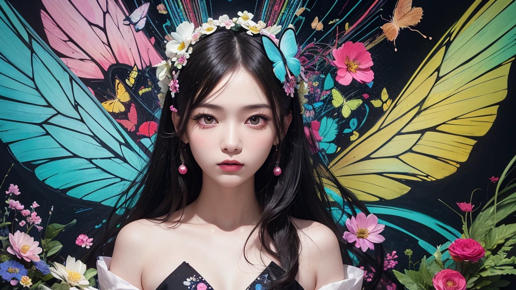 (masterpiece:1.1), (Highest quality:1.1), (High resolution:1.0), Zhou Haoguang, super high quality,( Highly detailed original illustration), (One girl, Upper Body), ((harajuku fashion)), ((Flower with human eyes, Flower Eyes)), Double exposure, A fluid fusion of abstract art, Glitch, (Original illustration composition), (Limited edition color fusion, Maximalism art style, Geometric art style, butterfly, Junk Art)
