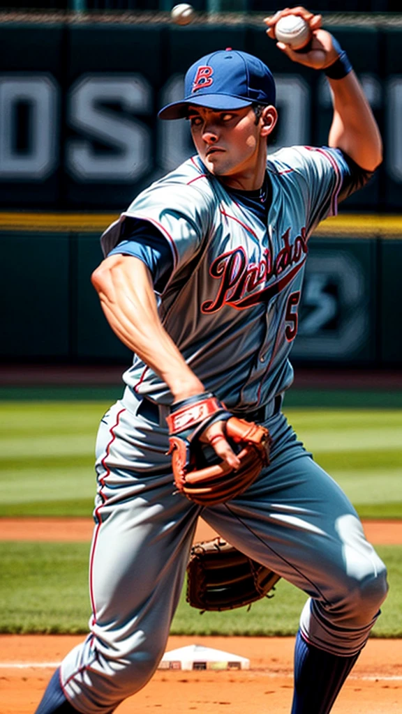 A senior baseball team,a powerful pitcher,the moment of throwing a blazing fastball,batter's angle