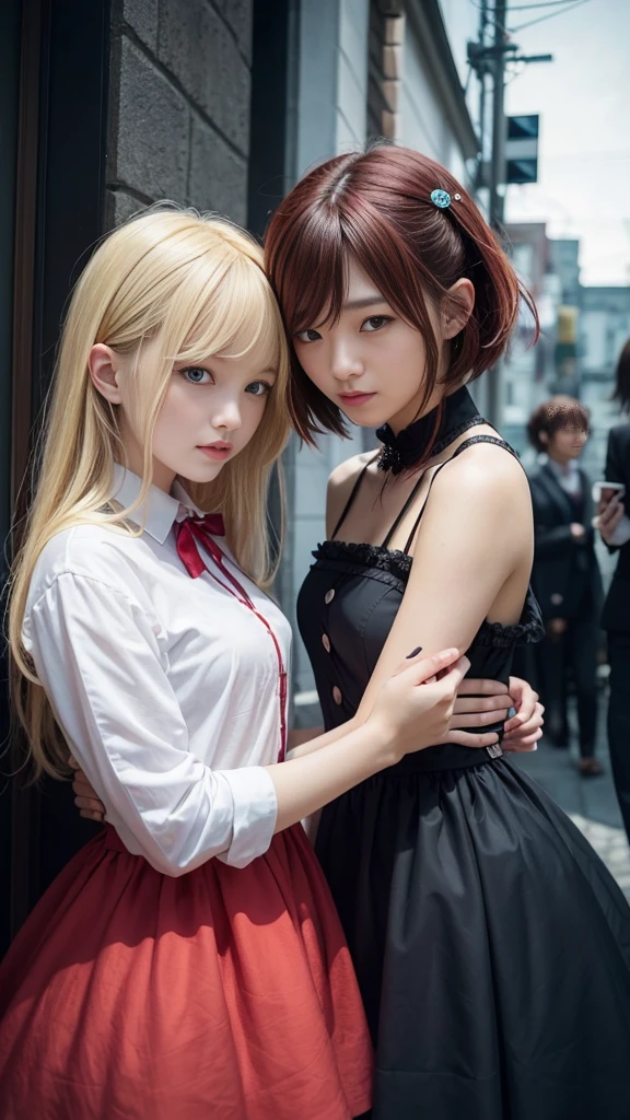 (Natural blonde and redhead girls with pretty faces), Cute pose, wearing a button dress, Atmospheric, Dark atmosphere, Edge lighting, Sayaka Yamamoto, Saito Asuka, Mao Akiyama's facial features, 8K, Full 体 portrait, ((Almost nude costume:1.4)), Natural light, Spooky greenhouse at night, Sharp focus, (Highly detailed eyes and face:1.1, Professional photography techniques), (Beautiful small face, beautiful girl, high school student, Idol Face, Baby Face:1.4), smile, Happy, K UHD, Hmph, Beautiful and soft skin, Vibrant Skin, blush, ((Beautiful breasts:1.2, Cleavage)), (Small beautiful butt), (Detailed hands:1.1, The optimal ratio is four fingers to one thumb), Perfect proportions, (Perfect Anatomy:1.3), (Highest quality, Masterpiece, Highest quality, Ultra high definition, Photorealism:1.4), ((Touching each other's breasts:1.4))
