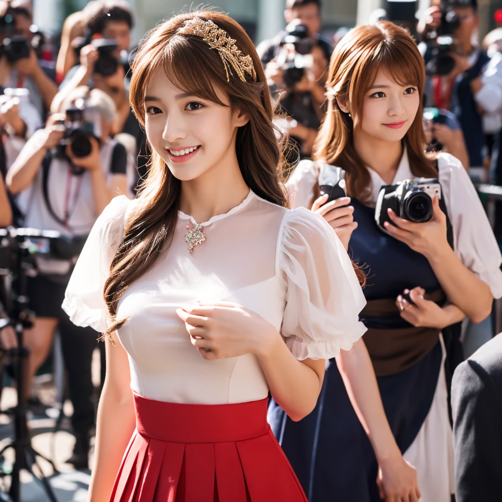 ((Highest quality, 8K, masterpiece: 1.3)), 1 Girl, smile, whole body, Slim face, Beautiful woman, ((Extra long brown hair:1.2))、wearing so pretty red maid outfit_mini pleated skirt see through sleeves、High heels, Highly detailed face, Fine grain, double eyelid, Blurred Background, Slim face, full figure supermodel standing, entire body in frame、full body portrait、At the cosplay event venue、Larger breasts、Place your left hand gently on your chin,right hand holding her breast,Lots of photographers around、Surrounded by a crowd of photographers,