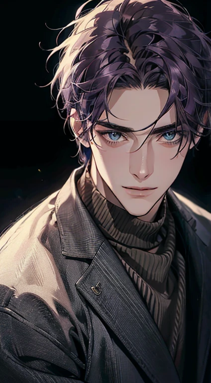 (best quality,4k,8k,highres,masterpiece:1.2),ultra-detailed,(realistic,photorealistic,photo-realistic:1.37),1 man,31 years old,mature man,very handsome,without expression,smile,short purple hair,blue eyes,penetrating gaze,perfect face without errors,imposing posture,businessman,office background,cinematic lighting,hdr image