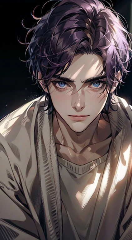 (best quality,4k,8k,highres,masterpiece:1.2),ultra-detailed,(realistic,photorealistic,photo-realistic:1.37),1 man,31 years old,mature man,very handsome,without expression,smile,short purple hair,blue eyes,penetrating gaze,perfect face without errors,imposing posture,businessman,office background,cinematic lighting,hdr image