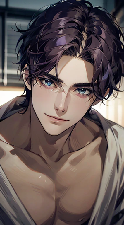 (best quality,4k,8k,highres,masterpiece:1.2),ultra-detailed,(realistic,photorealistic,photo-realistic:1.37),1 man,31 years old,mature man,very handsome,without expression,smile,short purple hair,blue eyes,penetrating gaze,perfect face without errors,imposing posture,businessman,office background,cinematic lighting,hdr image