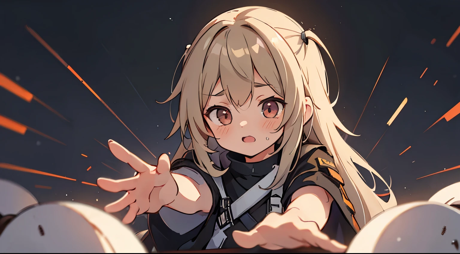 1girl, amiya \(arknights\), arknights, dirty face, outstretched hand, close-up, cinematic angle, foreshortening, dark, dark background, masterpiece, best quality