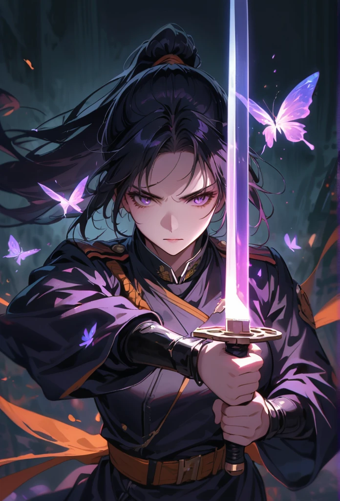 dark atmosphere,dark background,female swordsman in the dark,black hair,ponytail,glowing purple sword,lightsaber,delicate face,Sword in both hands,night,dark,fear,sword focus,Glowing purple butterflies flying in the air,military uniform