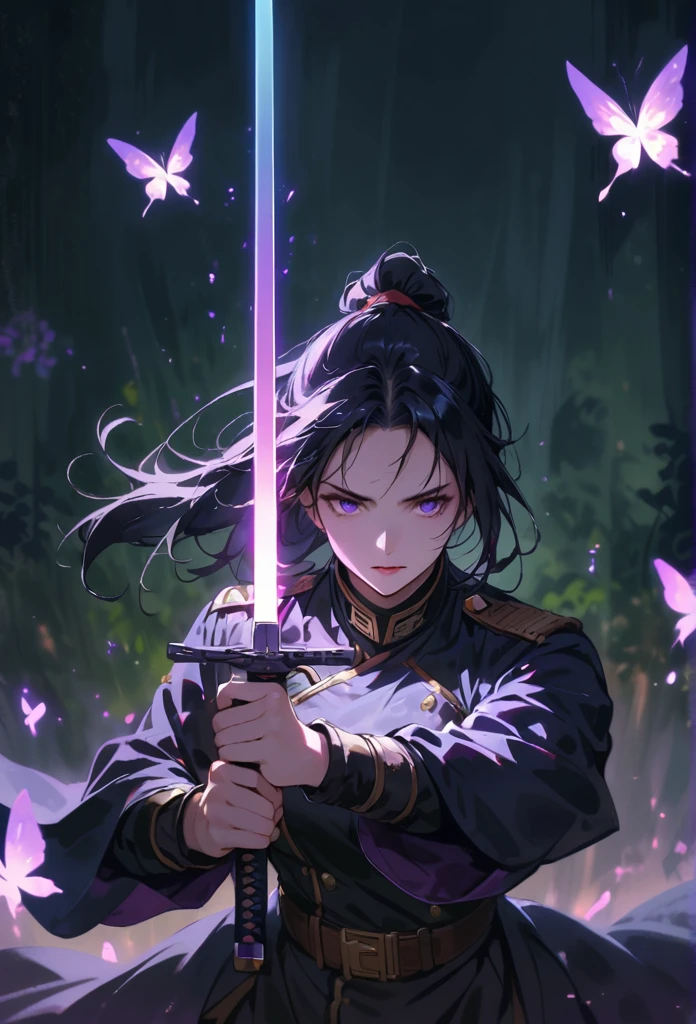 dark atmosphere,dark background,female swordsman in the dark,black hair,ponytail,glowing purple sword,lightsaber,delicate face,Sword in both hands,night,dark,fear,sword focus,Glowing purple butterflies flying in the air,military uniform