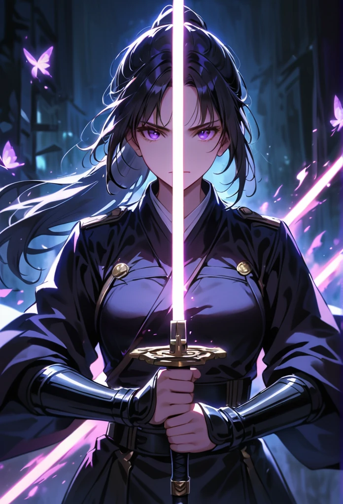 dark atmosphere，dark background，female swordsman in the dark，black hair,ponytail,glowing purple sword，lightsaber,delicate face，Sword in both hands，night，dark，fear，sword focus，Glowing purple butterflies flying in the air,military uniform
