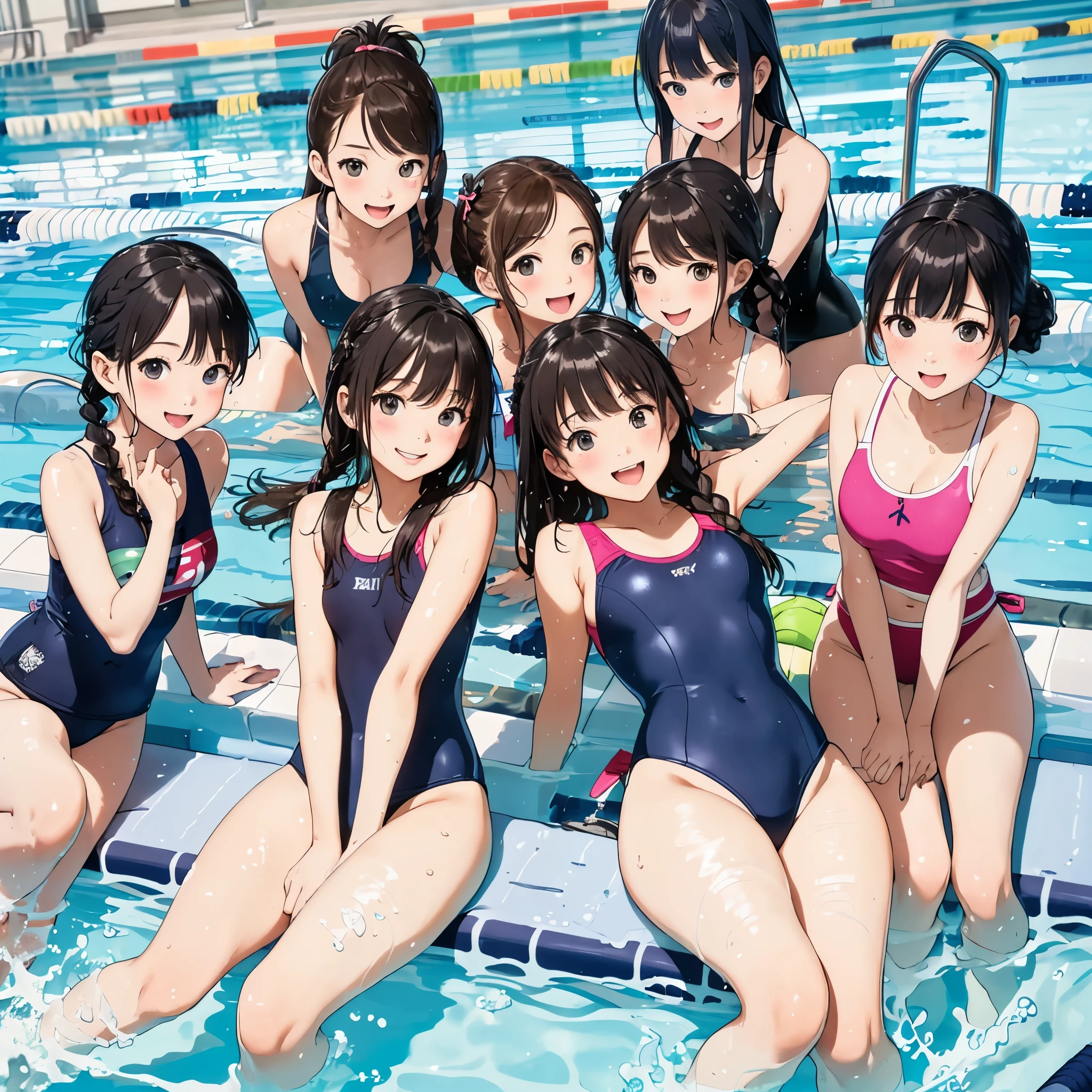 highest quality、High resolution、detailed background、masterpiece、cute10 year old beautiful girl、(5 women)、navy blue school swimsuit、brown hair、black hair、braided ponytail、Each has a cute braided hairstyle、(huge breasts:1.1)、realistic images、perfect body line、thick thighs、Show the whole body、detailed face、emphasize the chest、
(Five beautiful girls wearing school swimsuits are having fun playing around in the school pool.:1.5)、
playfully splashing water on each other、happy look、smiling、open your mouth and laugh、smile、sexual expression、Swimsuit that shines when wet、The whole body is wet、my hair is wet too、cute