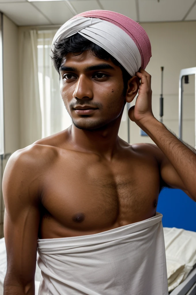 A20 years old indian boy bandage around his head in hospital