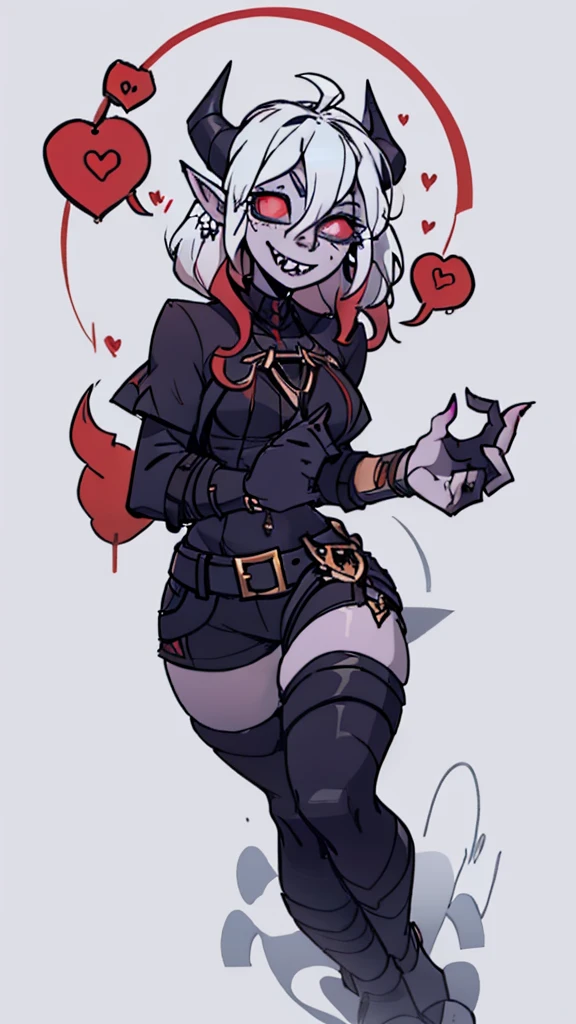 Elfa gato linda surreal, cabelos muito ruivos e detalhados, rosto detalhado, grandes chifres de demonio, gorda, corpo inteiro, grandes olhos, nariz longos e pontudos, colettetrixie, sharp teeth, hair over one eye, hairband, demon horns, colored sclera, purple shirt, purple shorts, demon wings, 1girl, long hair, pointy ears, twintails, jewelry, elf, earrings, capelet, white capelet, long sleeves, parted bangs, dress, belt, flower, gloves, puffy short sleeves, red eyes and blue eyes, striped, very big tits, very very big ass, very chubby, 8k, hd, hdr,