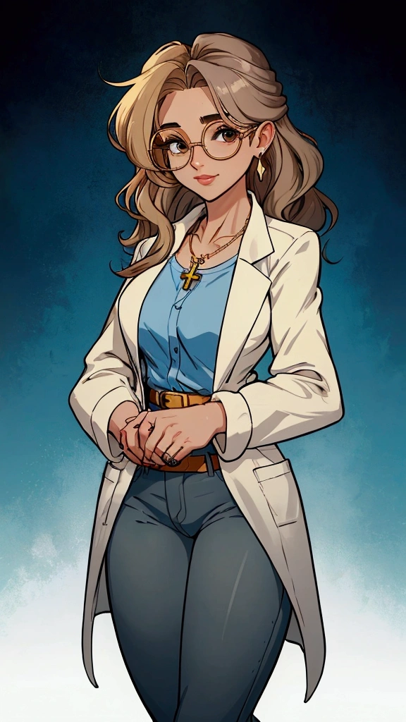 I created a character called Olivia, 2D style, a 30-year-old aromatherapist specializing in essential oils, white. golden blonde with wavy hair. side hairstyle, at shoulder height, Brown eyes , wears round brown glasses, she is gentle and delicate, wears a light blue shirt, blue jeans with a brown belt and a white long-sleeved doctor&#39;s coat. she has a golden wedding ring on her left ring finger and wears a necklace with a golden crucifix. make her look at the camera, com background branco.
