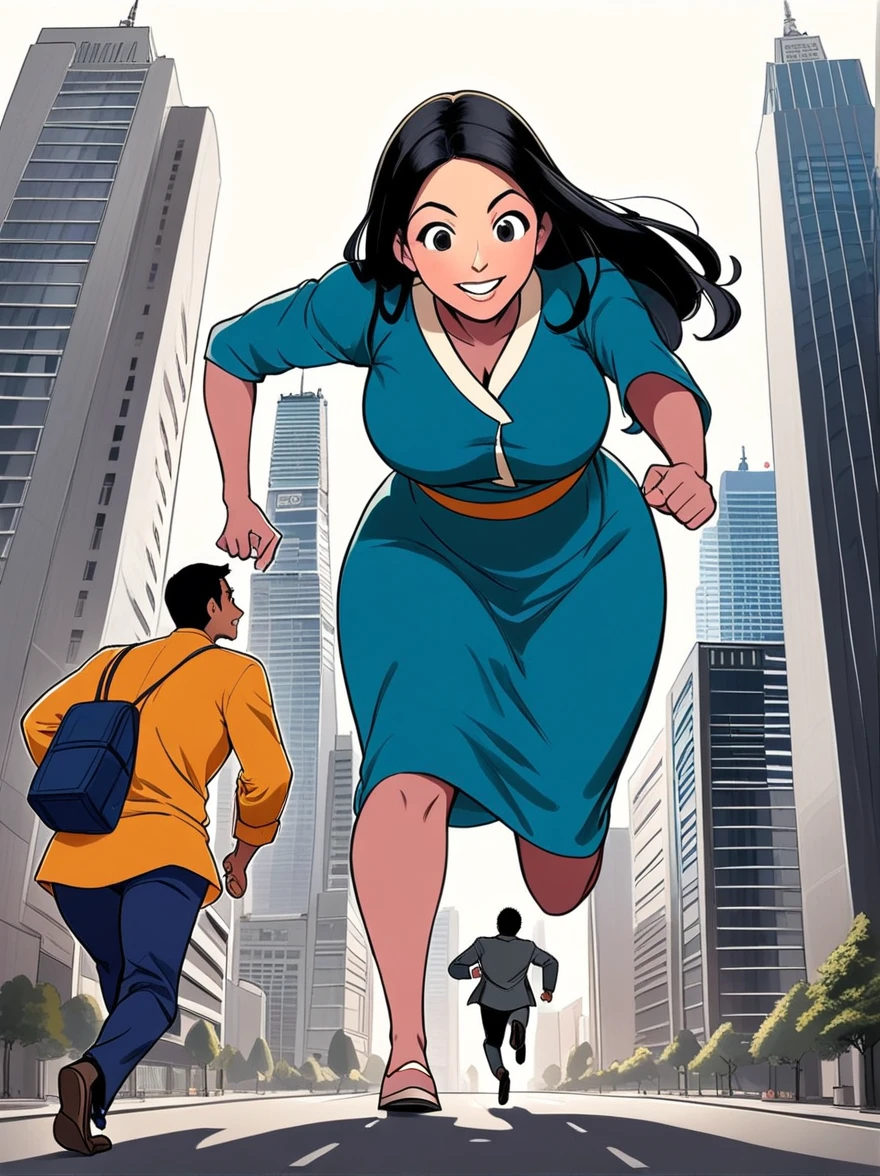 A colossal Caucasian woman peering down a miniature South Asian man who is frantically running away. She is about to pick him up, her face showing a mischievous grin. The setting is an urban landscape with large skyscrapers surrounding them that are dwarfed by her towering stature.