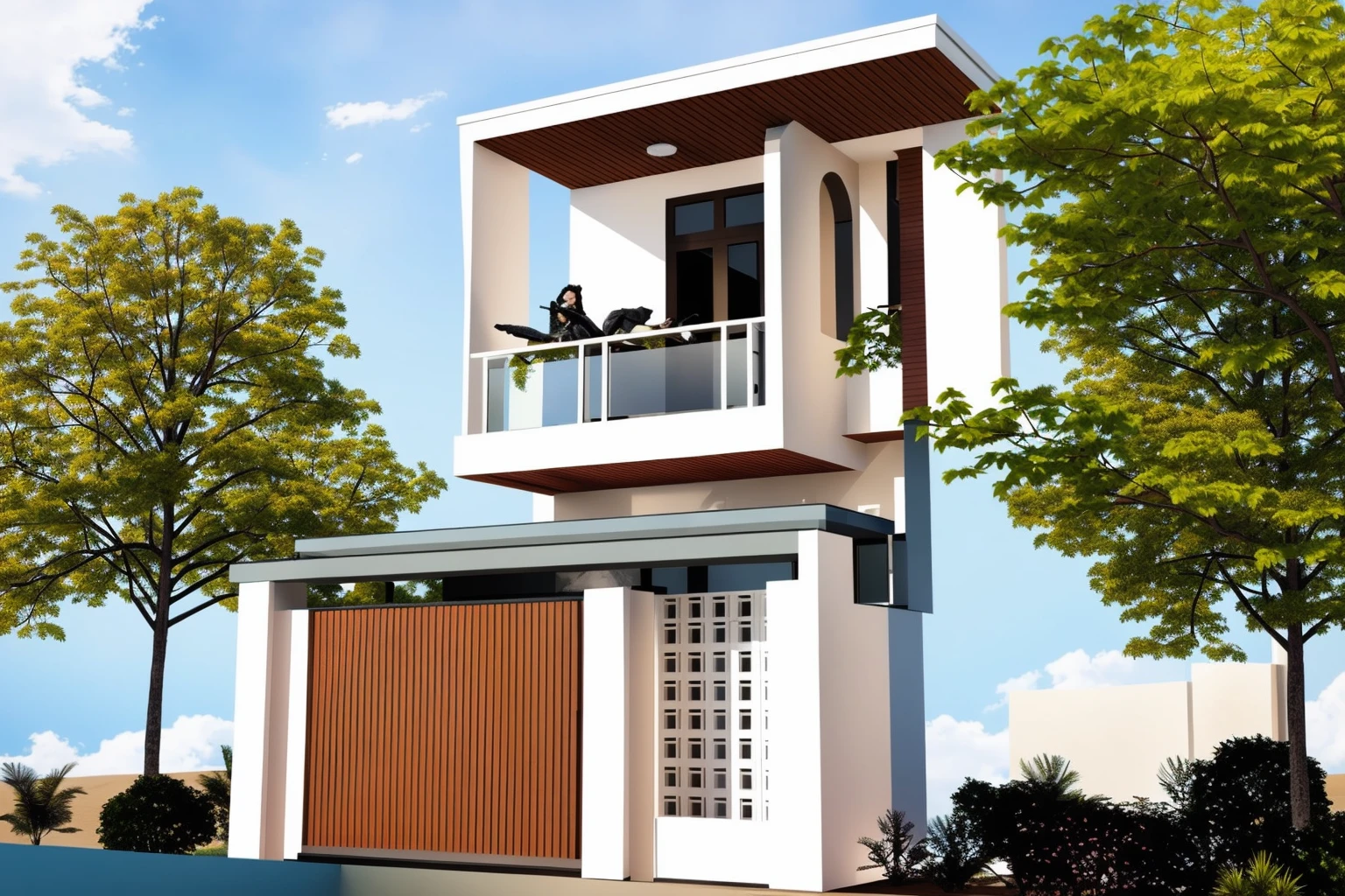 PLATFORM KTHOUSE, 1 morden villa, main material of villa about build white wall:1.2 glass panel:1.1 and stone:1.2, 1large yard, 1 road runs in front of the house, (RAW photo, real, best quality, masterpiece:1.2), look morden minimalist, blue sky :1.3, (hyper realistic, photo-realistic:1.2), high quality, (dawn lighting:1.3), perfect lighting, archdaily
