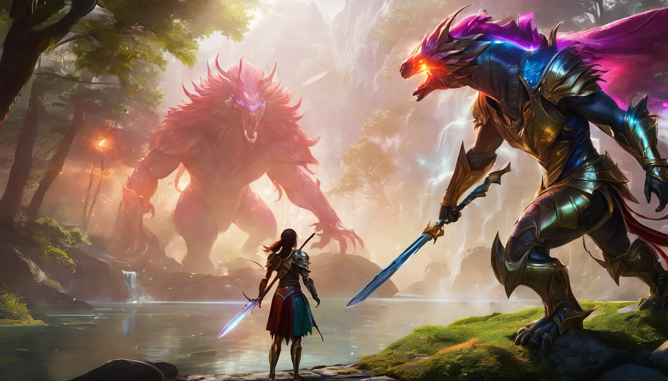 "Create an epic fantasy scene in a photorealistic style, featuring a heroine in a dramatic battle against a mythical creature in a stunning environment. The heroine must look confident and determined, with detailed armor and a shining sword. The mythical creature must be Impressive and terrifying, with glistening scales and glowing eyes. Use a vibrant color palette and cinematic lighting to highlight details and create an intense, magical atmosphere.
Dramatic lighting with clear contrasts and striking shadows.
Lens effects such as flares and depth of field.
Realistic skin texture, fine detail on armor and creature.
Natural environment with realistic elements, such as vegetation and detailed relief.
Rich and diverse color palette, with use of neon and light effects.
Highlight the contrasts between warm and cold colors to create visual impact.
Creative and original design of characters and scenery.
Magical atmosphere with special effects such as glowing particles and mystical aura.