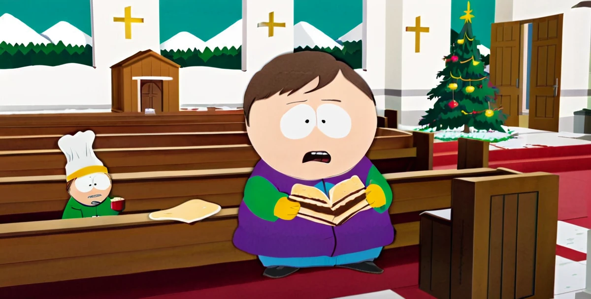 Eric Cartman eating Maple Vanilla Wafer running inside Church 