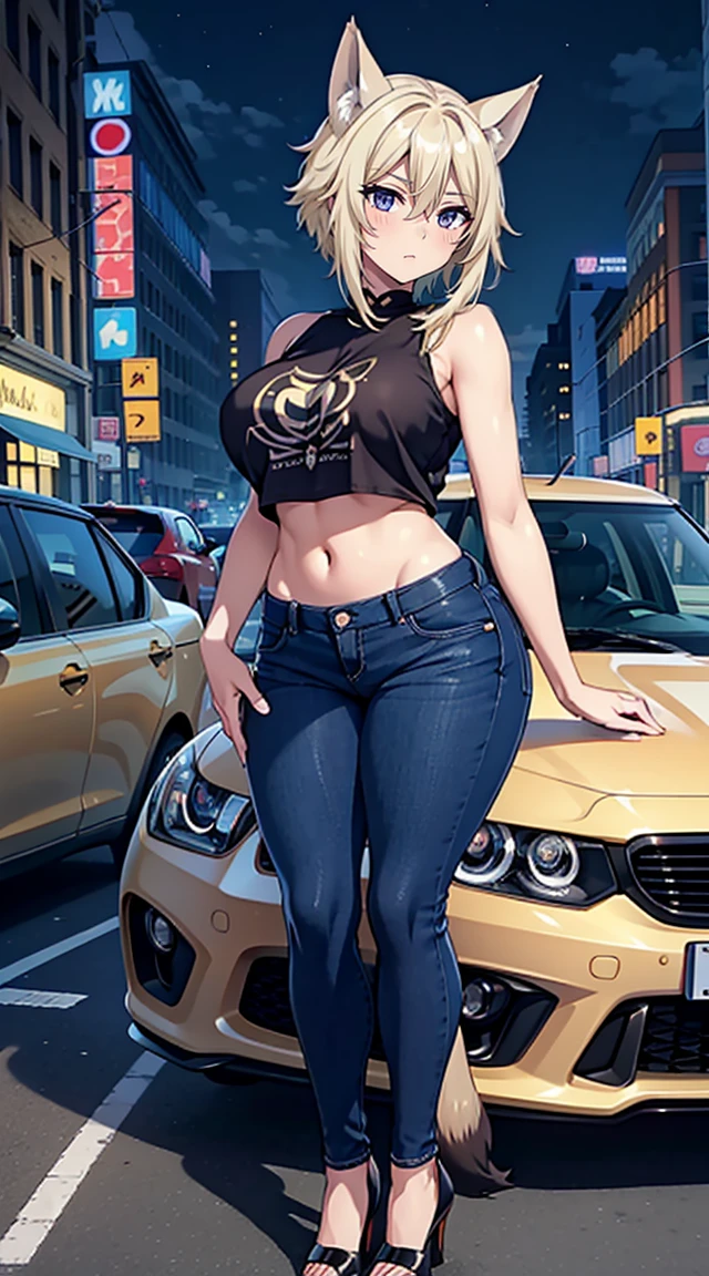 beautiful detail eyes, (realistic skin), beautiful skin,(masterpiece))), (((best quality))), ((ultra-detailed)), (highly detailed CG illustration), young girl,big breast, short blonde hair, wolf cut hair, Fox ears, violet eyes, large breast, curvy, navel, bare shoulders, mini shirt, crop top, Clothes rolled up, denim, short denim,pantyhose, high heels, city , night, outdoors, Cars, 