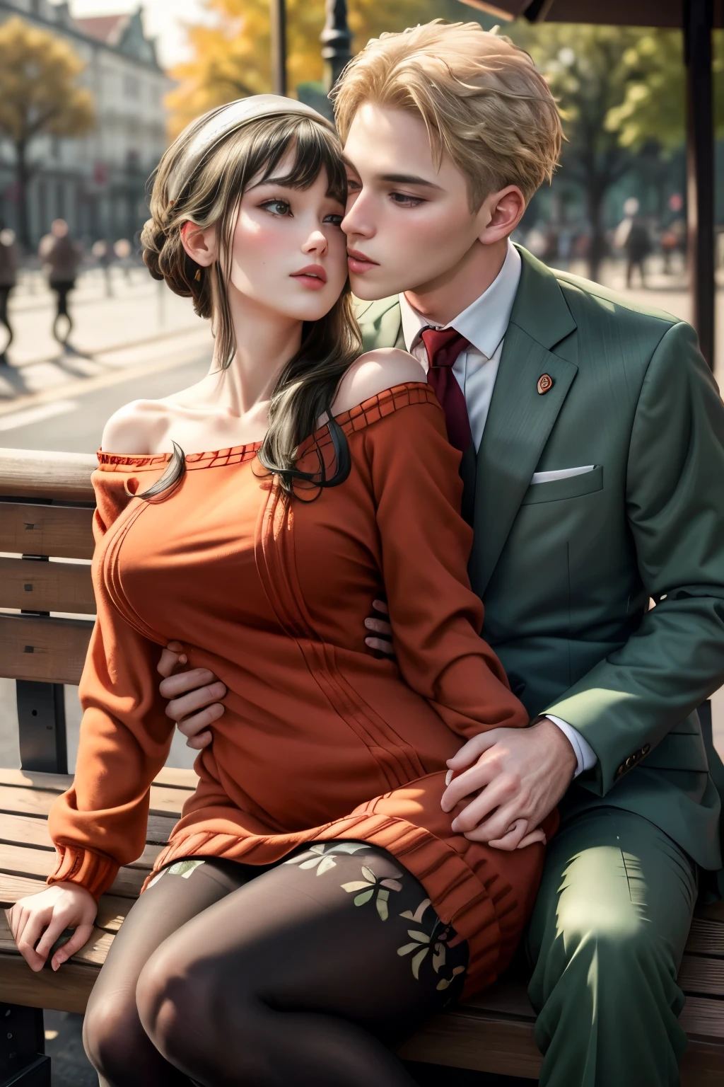 (masterpiece, best quality:1.2), high resolution, intricate details, extremely detailed, realistic and sharp details, (full body), hetero, couple, (1girl, hairband, off shoulder red sweater minidress, pantyhose), (1boy wearing light green business suit), (couple sitting on public bench and kissing), detailed face, detailed eyes, pale skin, photo background, outdoors, 