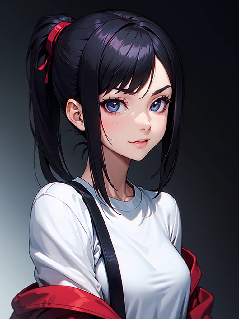 ((Half Body Photo)), She has a Childish Black-Haired Appearance, with a Small and Slim Build, and a  Demeanor. She has Light Gray Eyes, and Expresses a Mischievous and Playful Look, Giving Off an Outgoing Attitude. Her Hair is Short and Tousled, Black-Red Gradient, Styled in a Short Ponytail. She Wears an Oversized Fitted T-Shirt. ((Half Body Photo, Dark Background))