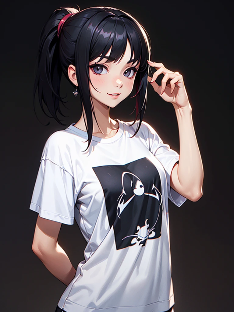 ((Half Body Photo)), She has a Childish Black-Haired Appearance, with a Small and Slim Build, and a Demeanor. She has Light Gray Eyes, and Expresses a Mischievous and Playful Look, Giving Off an Outgoing Attitude. Her Hair is Short and Tousled, Black-Red Gradient, Styled in a Short Ponytail. She Wears an Oversized Fitted T-Shirt. ((Half Body Photo, Dark Background))