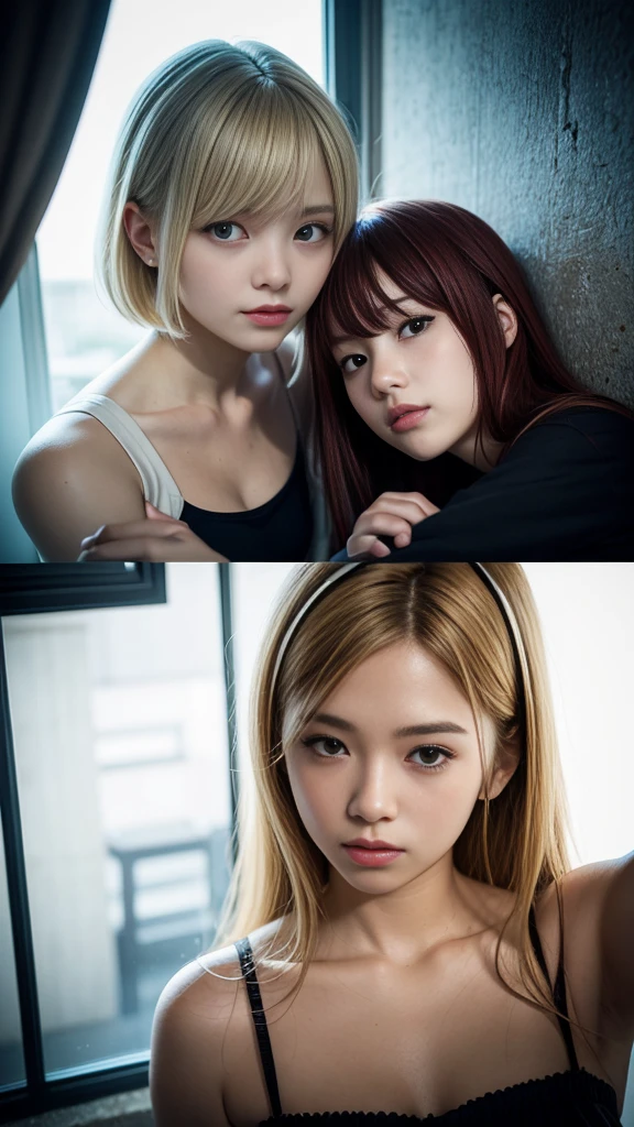 (Natural blonde and redhead girls with pretty faces), Cute pose, Atmospheric, Dark atmosphere, Edge lighting, Sayaka Yamamoto, Saito Asuka, Mao Akiyama's facial features, 8K, Full 体 portrait, ((Almost nude costume:1.4)), Natural light, Spooky greenhouse at night, Sharp focus, (Highly detailed eyes and face:1.1, Professional photography techniques), (Beautiful small face, beautiful girl, high , Idol Face, Baby Face:1.4)Happy, K UHD, Hmph, Beautiful and soft skin, Vibrant Skin, blush, ((Beautiful breasts:1.2, Cleavage)), (Small beautiful butt), (Detailed hands:1.1, The optimal ratio is four fingers to one thumb), Perfect proportions, (Perfect Anatomy:1.3), (Highest quality, Masterpiece, Highest quality, Ultra high definition, Photorealism:1.4), ((Touching each other's breasts:1.4))
