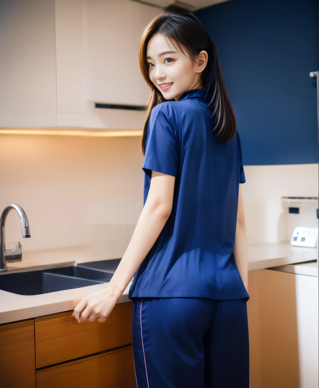 (best quality,10,10,height,Masterpiece:1.2),Special details,(realistic,ภาพrealistic,Realistic photos:1.37),1 Cute girl in the kitchen,shiny, ผิวshiny,only,smile softly,BDclothelue shirt:1.3)),short sleeve,shirt, กางเกงขาlong.,(navy_long_track pants:1.1), ((Kitchen Background)),Dynamic angle,excited,Face focus,dynamic poses,from behind,focus on ass,Masterpiece, best quality, ultra realistic, hyper detail, 8k resolution, raw photos, Sharp focus, ((Navy blue shirt:1.1)), short sleeve, เส้นทางlong, perfect body, 2 mature women, 18 years old, Cinema-grade lighting system,blue sweatpants,shirtผ้าออกกำลังกาย,correct anatomy,perfect body, correct body, Sharp face, correct bodyทางกายวิภาค, full body, realistic gestures, long-haired, realistic poses,Wear long shorts...........................,ช่วงขาlong,Good shape,carved girl, Slender figure, model, Good shape, beautiful body,blue sweatpants, two girls kissing