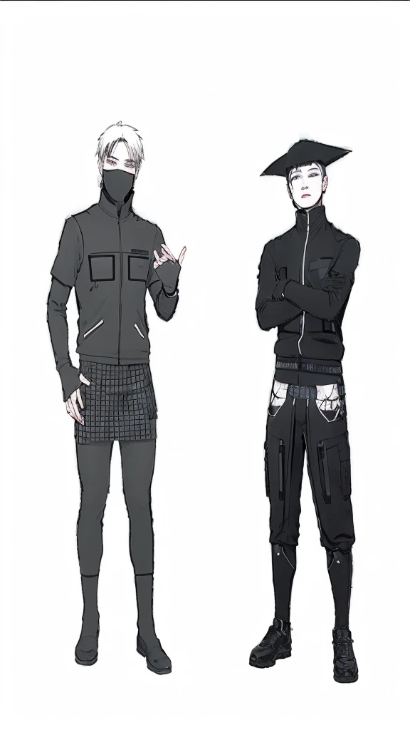 Two boys with Asian features, dressed in black Cyberpunk clothing. In the background you can see a Cyberpunk city with many neon lights, It&#39;s night and the boys pose staring at the camera, his eyes shine in the darkness 