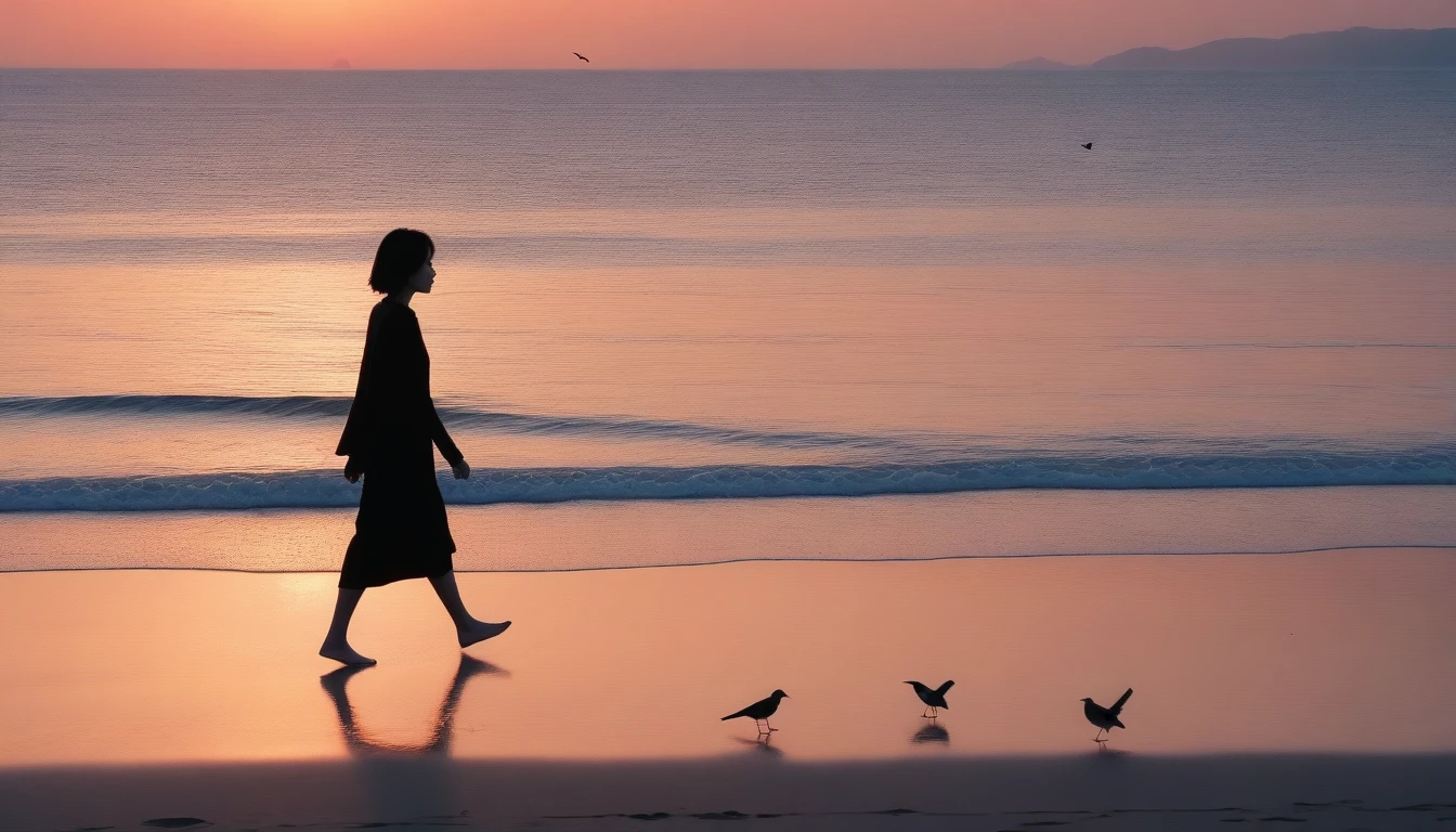 8K, Vivid picture quality, long deserted beach, A woman with short hair walking from afar, red light of sunset, sunset, alone, afternoon, depressed, birds가 밀려온다, ocean, birds, wind, short korean girl, 잔잔한 birds, bare foot