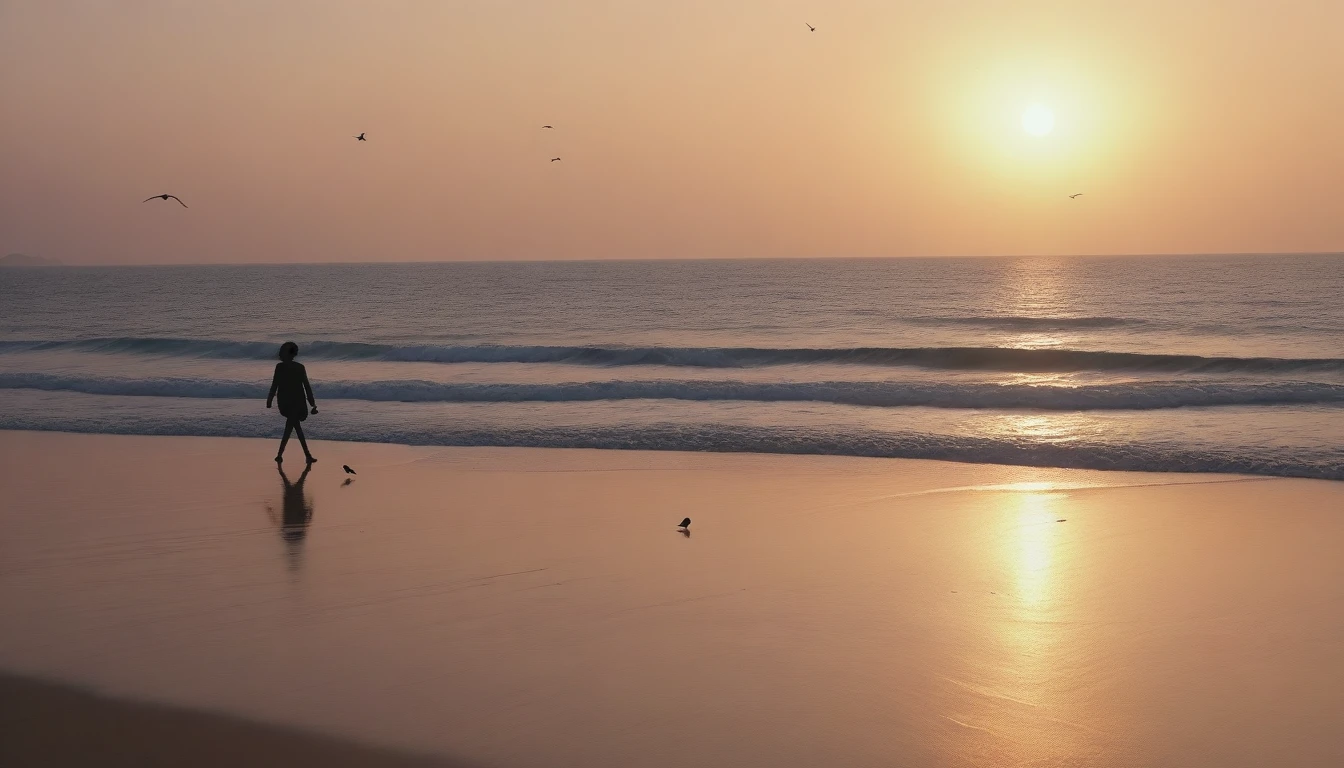 8K, Vivid picture quality, long deserted beach, A woman with short hair walking from afar, red light of sunset, sunset, alone, afternoon, depressed, birds가 밀려온다, ocean, birds, wind, short korean girl, 잔잔한 birds, bare foot
