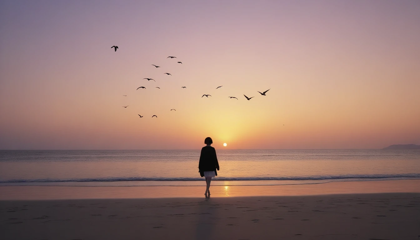 8K, Vivid picture quality, long deserted beach, A woman with short hair walking from afar, red light of sunset, sunset, alone, afternoon, depressed, birds가 밀려온다, ocean, birds, wind, short korean girl, 잔잔한 birds, bare foot