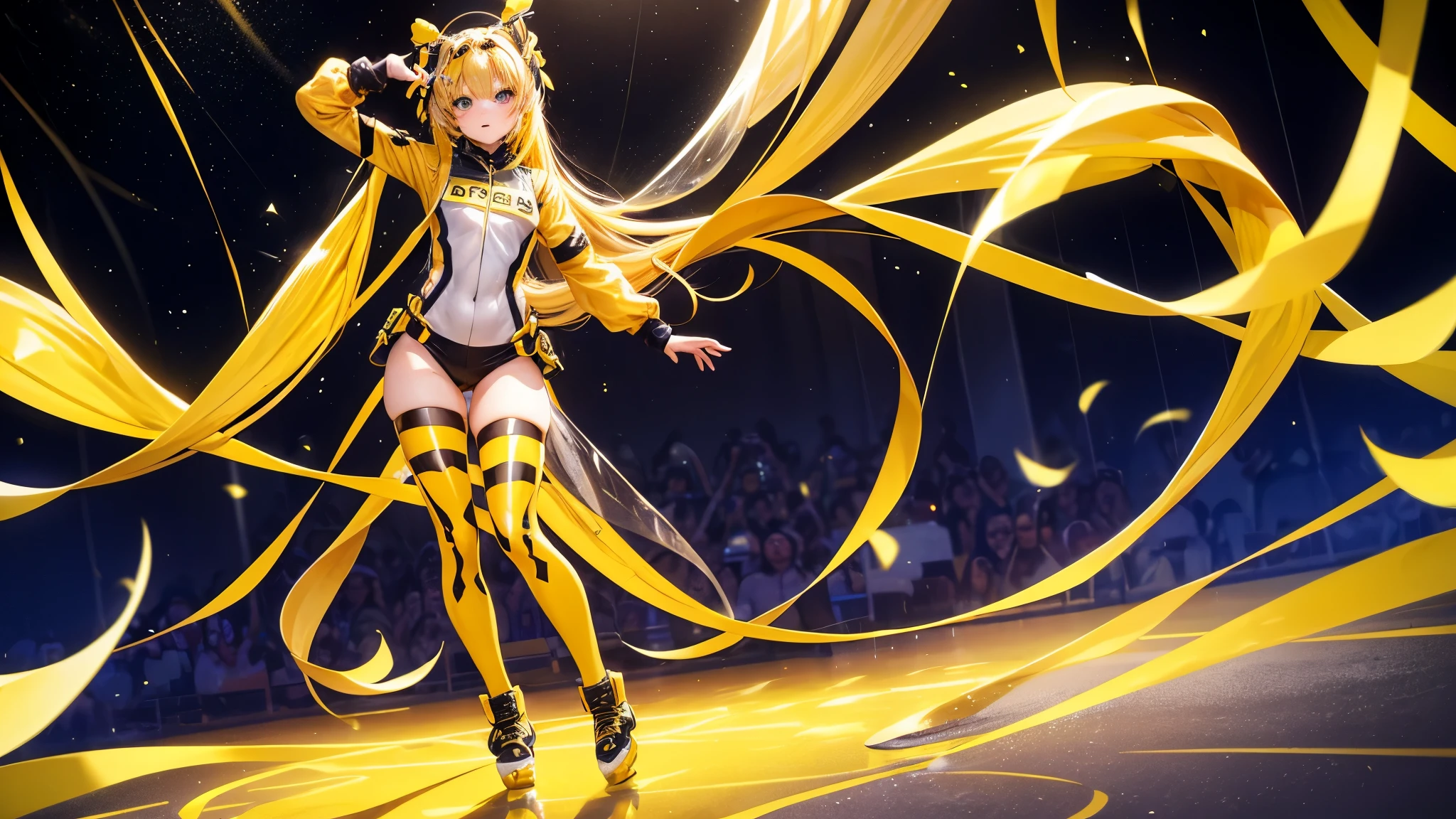 Dressed as a bee, bee bodysuit, na balad, party, blonde LONG HAIR, yellow skates, standing