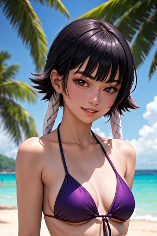masterpiece, best quality, beach, soifon, purple bikini, looking at viewer, very small breasts, upper body, portrait, looking at viewer, parted lips, seductive smile,