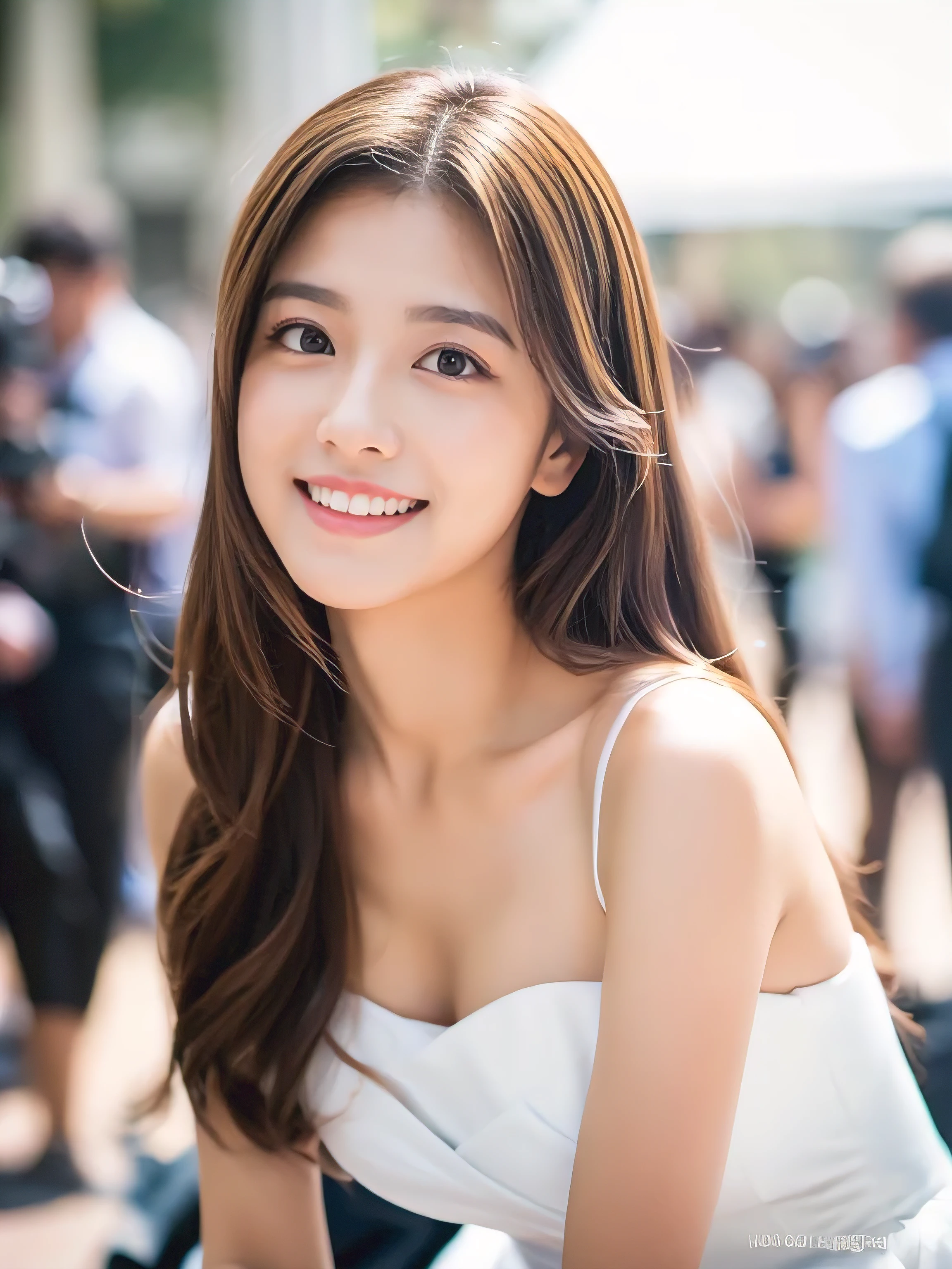 ((Highest quality, 8K, masterpiece: 1.3)), 1 Girl, smile, whole body, Slim face, Beautiful woman, ((Extra long brown hair:1.2))、Wearing white wedding gown、Veils、armpit focus, Highly detailed face, Fine grain, double eyelid, Blurred Background, Slim face, full figure supermodel standing, entire body in frame、full body portrait、At the cosplay event venue、Larger breasts、Place your left hand gently on your chin,right hand holding her breast,Lots of photographers around、Surrounded by a crowd of photographers、kneeling down,knees at 90 degrees,Stand knees