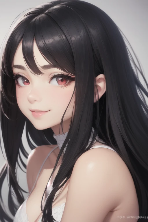 girl,Character design sheet,Beautiful attention to detail,Beautiful lip detail,Highly detailed eyes and face,Long eyelashes, Like an oil painting, art, Super detailed,Professional,Vibrant colors,Portraiture,Studio Lighting,,Physically Based Rendering,High resolution,超High resolution. Red eyes,Big eyes，Droopy eyes， Black Hair，Long Hair、bangs，smile，Small waist，Thighs、whole body，skinny