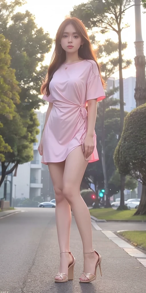(((hd picture))), ultra high resolution.realistic 1.4, uhd, masterpiece,  score_9, score_8_consolation, score_7_consolation, score_6_consolation, score_5_consolation, score_4_consolation, from below, 1 woman, long hair, brown hair, dress, bag, tree, leg, headcell phones, cell phone, mobile cell phone, smartcell phone, mini handbag, tansparent sundress,Panties are visible when viewed from below.,