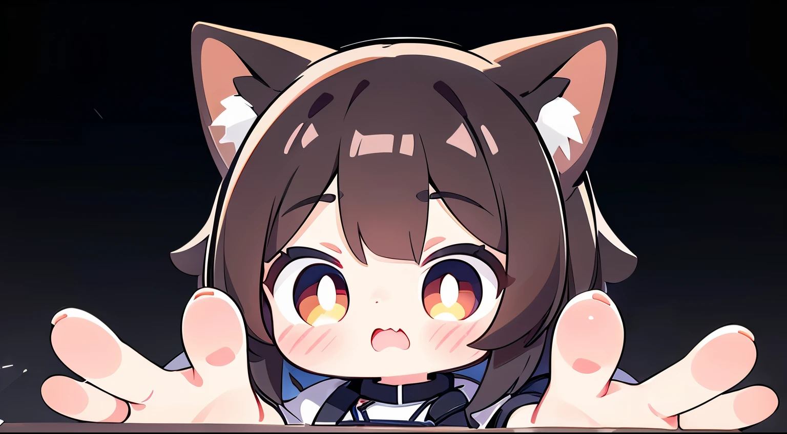 1girl, amiya \(arknights\), arknights, dirty face, outstretched hand, close-up, cinematic angle, foreshortening, dark, dark background, masterpiece, best quality