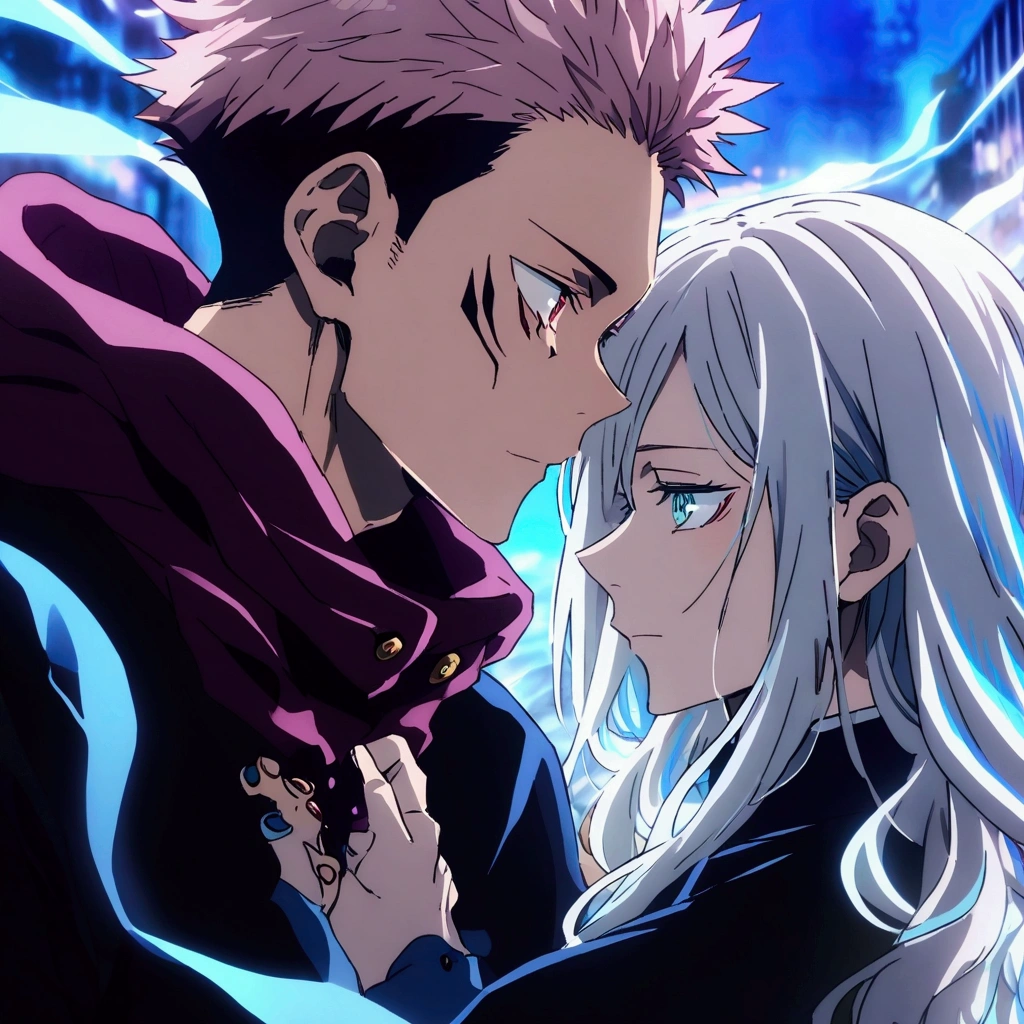 anime style character jujutsu kaisen two characters, itadori yuji and one with dark brown hair, Eyes red, flat hair, bangs straight, long  hair